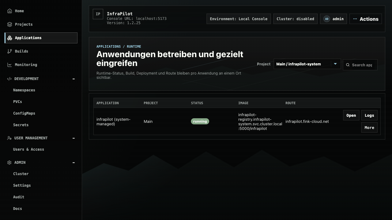 Application inventory screenshot from the InfraPilot console